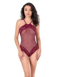 Ahu Lingerie Bordo File Tül Bodysuit Gecelik Ahu Primoda 8126